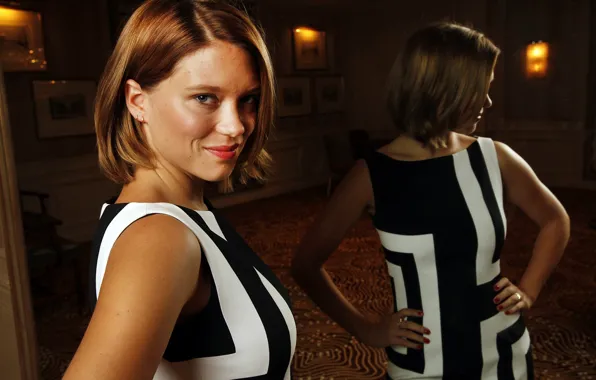 Picture pose, smile, reflection, makeup, dress, actress, mirror, hairstyle, photoshoot, Lea Seydoux, Lea Seydoux, LA Times, …