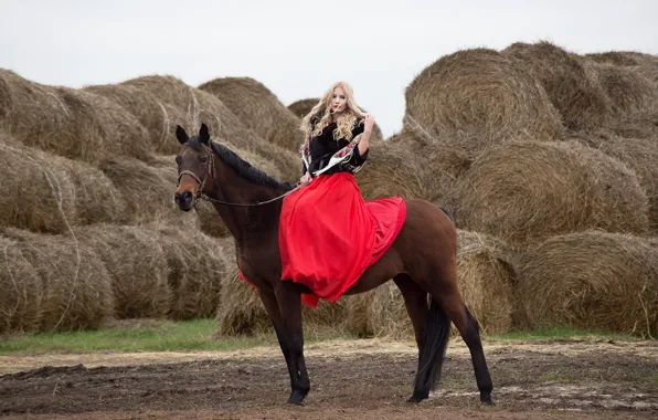 Picture girl, horse, dress, hay, Lozgachev Alex
