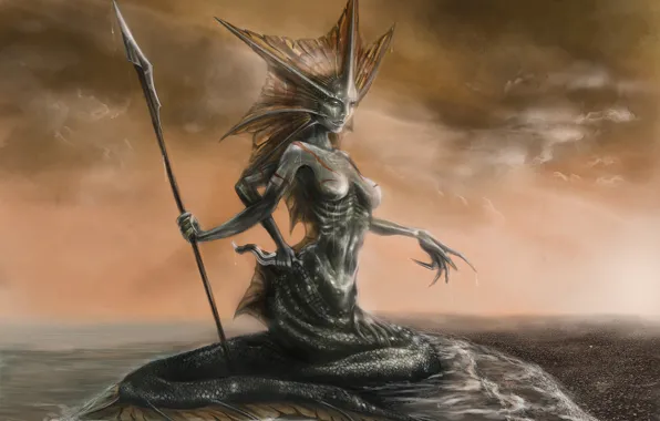 Sea, art, tail, spear, naga, siren, siren