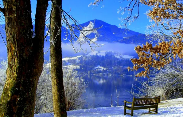 Winter, the sky, snow, trees, mountains, lake, Park, bench
