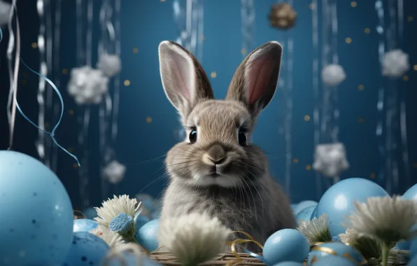 Balls, flowers, balloons, holiday, rabbit, Easter, blue background