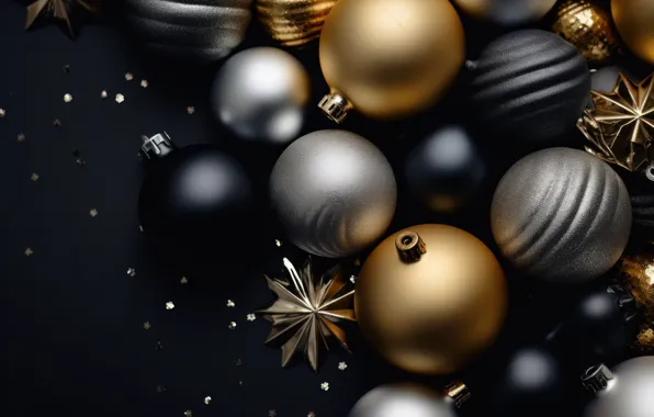 Balls, the dark background, Christmas, New year, black background, gold plated, Christmas decorations, Christmas decorations