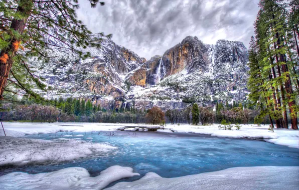 Winter, snow, trees, mountains, lake, HDR, USA, Yosemite National Park