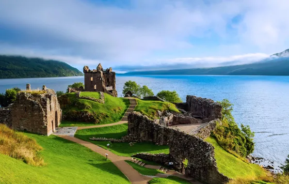 Lake, castle, Scotland, Loch Ness, Urquhart, Arcart