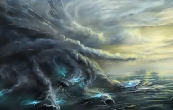Picture sea, fog, fiction, the ocean, ship, painting, demons