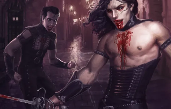 Picture the city, weapons, blood, art, lights, lane, guys, vampires