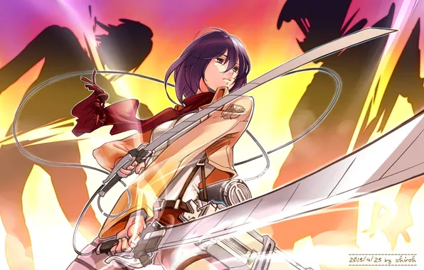 Look, girl, weapons, scarf, shadows, art, shingeki no kyojin, mikasa ackerman