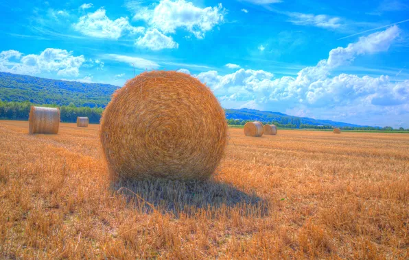 Field, the sky, clouds, harvest, hill, hay, the countryside, farm