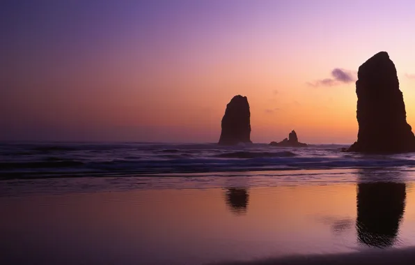 Picture the sky, water, the ocean, rocks, shore, the evening, nature