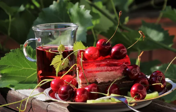 Leaves, cherry, glass, berries, Board, glass, juice, plate