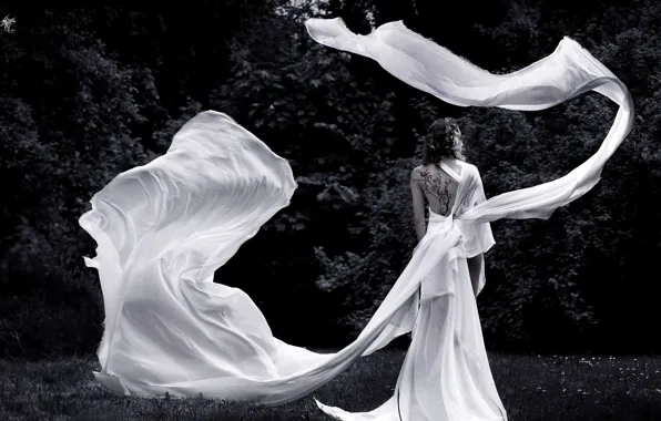 NATURE, DRESS, FABRIC, SILK, TATTOO, VEIL, BLACK AND WHITE FRAME