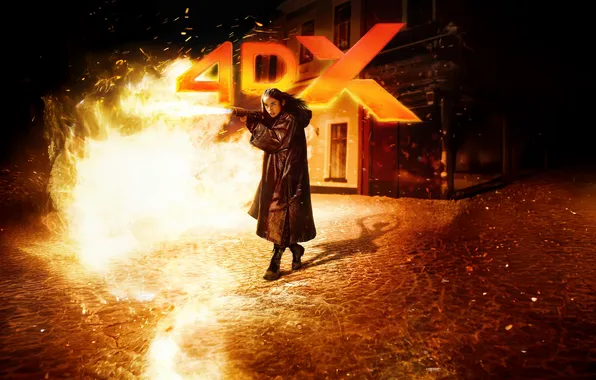 Girl, background, fire, cloak, action, poster, Ballerina, flamethrower