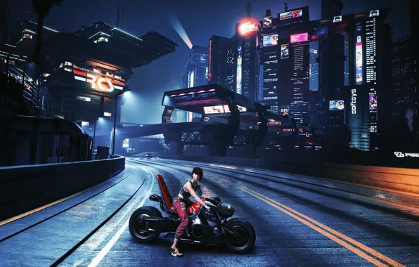 Download 1920 X 1080 Gaming Cyberpunk Woman With Motorcycle Wallpaper