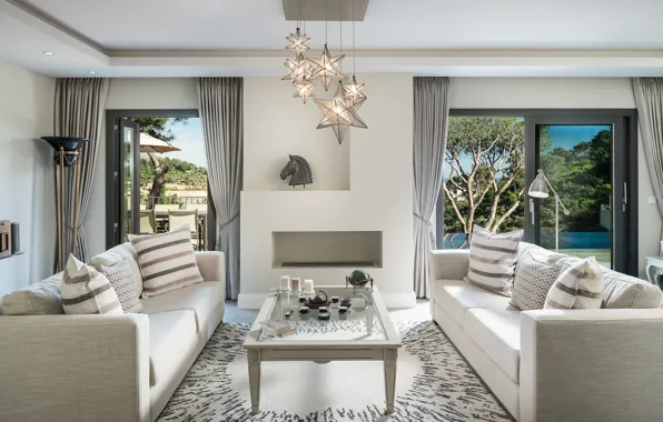 Picture chandelier, table, sofas, living room