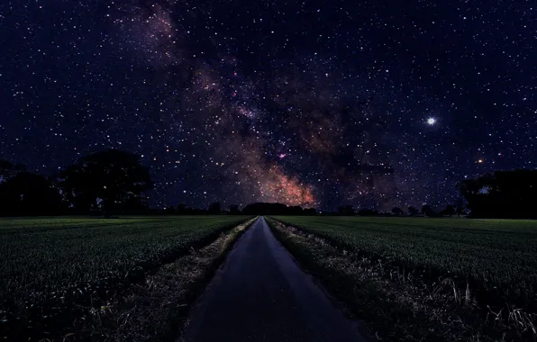 Road, Night, Stars, Dark