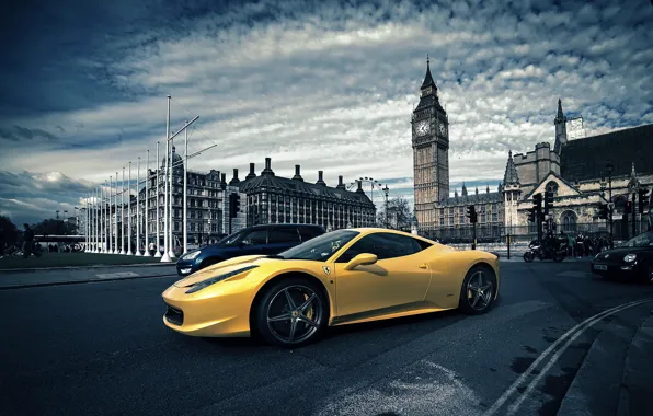 London, Ferrari, Yellow, Italy, Ferrari, 458, Big Ben, London