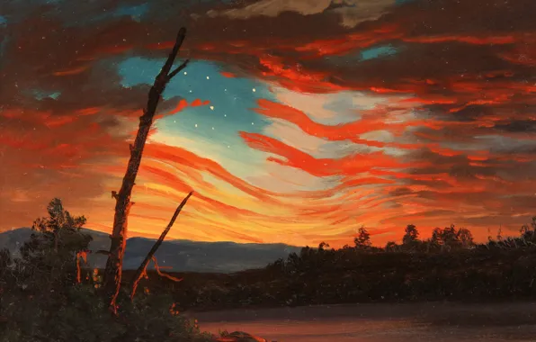 Picture clouds, picture, flag, glow, allegory, Frederic Edwin Church, Our Banner in the Sky