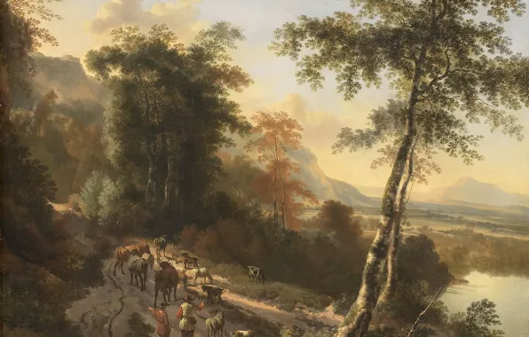 Picture oil, picture, canvas, 1685, Yan Gokart, Jan Hackaert, Landscape with Cattle Drovers