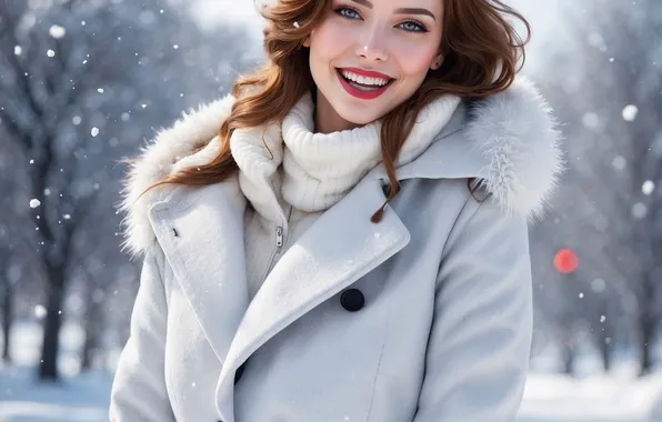 Winter, girl, snow, smile, coat, AI art, neural network