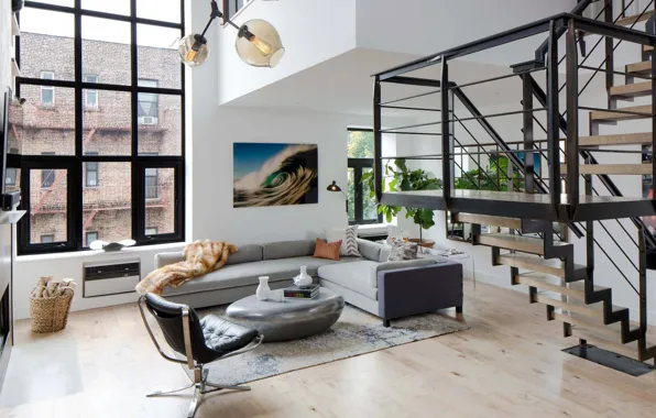 Design, style, interior, ladder, New York, megapolis, living room, SoHo Duplex