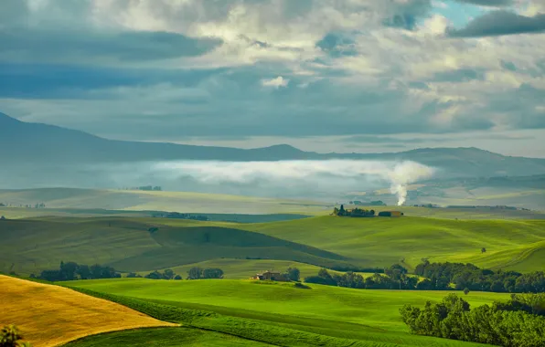 Greens, the sky, clouds, trees, smoke, field, plain, space
