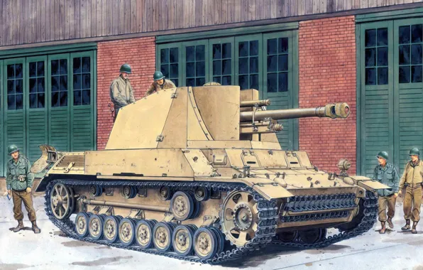 Picture war, art, painting, tank, ww2, leFH18/40/2 (Sf) auf G. W. Pz.Kpfw.III/IV