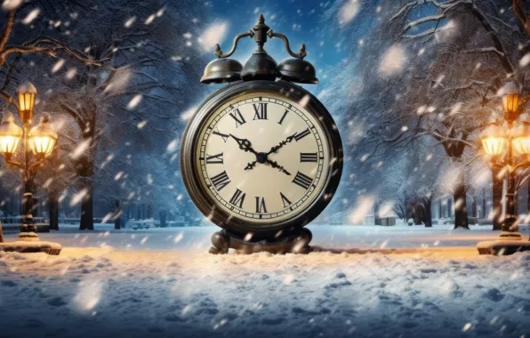 Winter, snow, night, time, watch, Christmas, panorama, New year