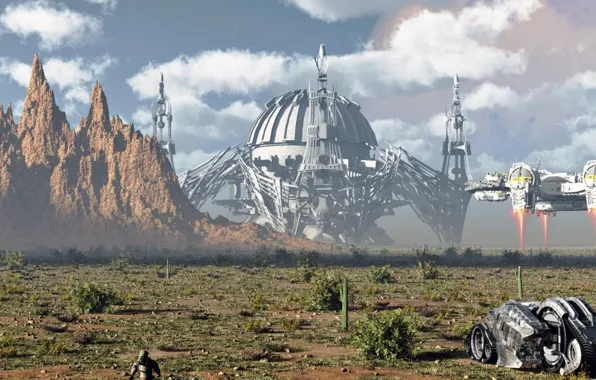 Sky, clouds, rocks, spaceship, prometheus, astronaut, red desert