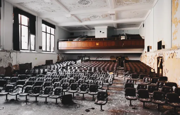 Windows, chairs, abandoned, hall, Devastation, Assembly