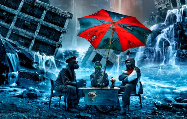 People, umbrella, mask, table, romantically apocalyptic, ice cream time