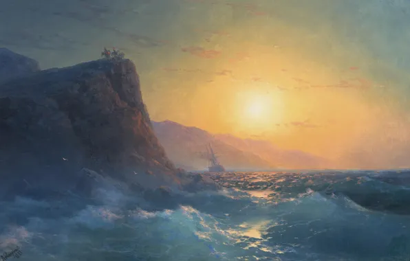 Picture, seascape, Ivan Aivazovsky, 1883, Views of the steep rocky coast and stormy sea on …