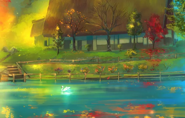Autumn, trees, art, Swan, house, painting
