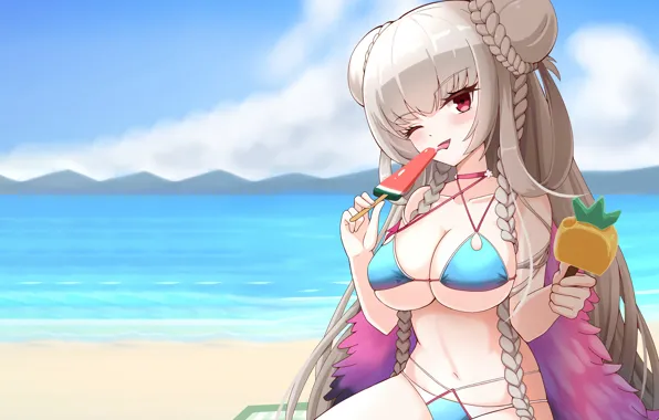 Girl, sexy, cleavage, beach, long hair, sea, boobs, anime
