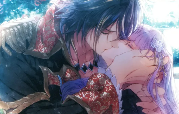 Kiss, hands, hugs, two, art, shoulder straps, closed eyes, visual novel