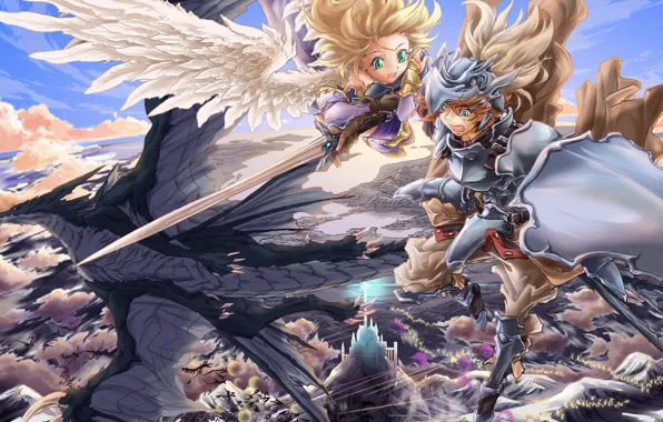 The sky, girl, clouds, flight, weapons, castle, height, wings