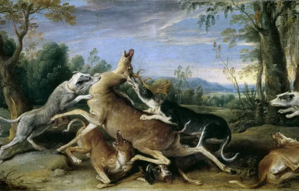 Dog, deer, hunting, painting, Art, the Golden age