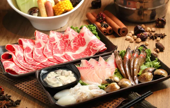 Picture fish, meat, cinnamon, shrimp, seafood, spices, Japanese cuisine, meals