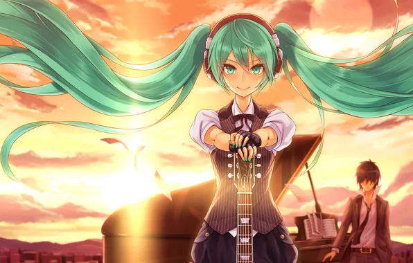 Picture the sky, girl, the sun, clouds, sunset, the city, hair, guitar