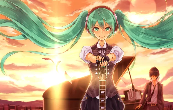 The sky, girl, the sun, clouds, sunset, the city, hair, guitar