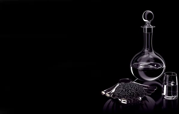 Picture black background, items, decanter, black caviar