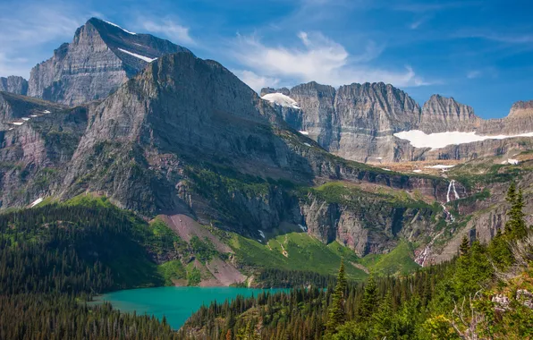 Forest, the sky, mountains, lake, Montana, USA, glacier national park