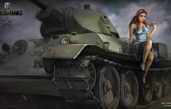 Picture girl, tank, girl, tanks, T-34, WoT, World of tanks, tank