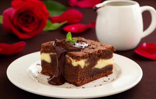 Picture rose, chocolate, petals, cake, dessert, glaze, biscuit, brownie