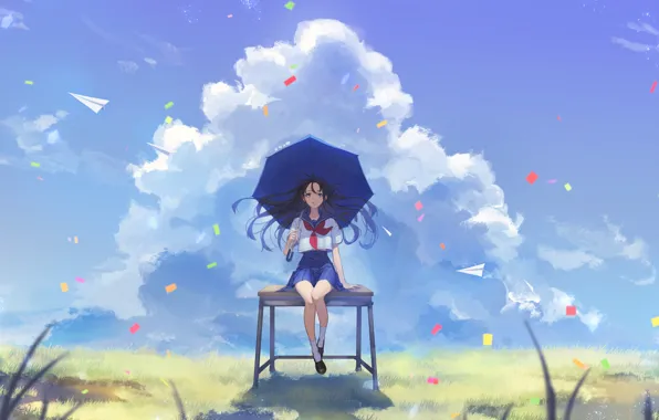 Schoolgirl, weed, Parta, vacation, blue sky, paper airplane, under the umbrella, summer day