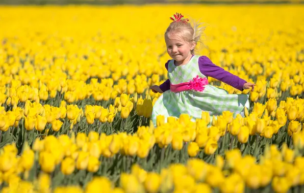 Child, spring, yellow, girl, tulips, plantation