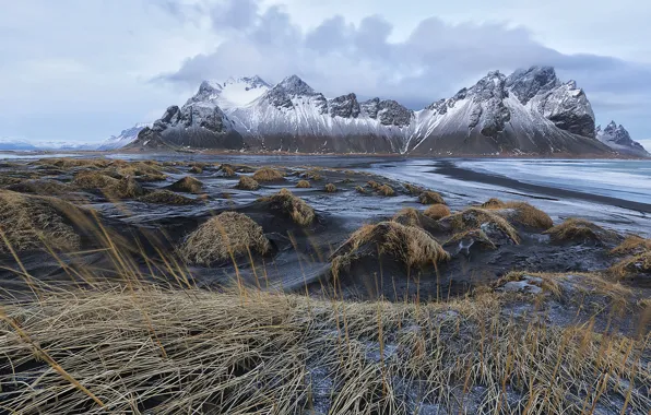 Snow, mountains, Bay