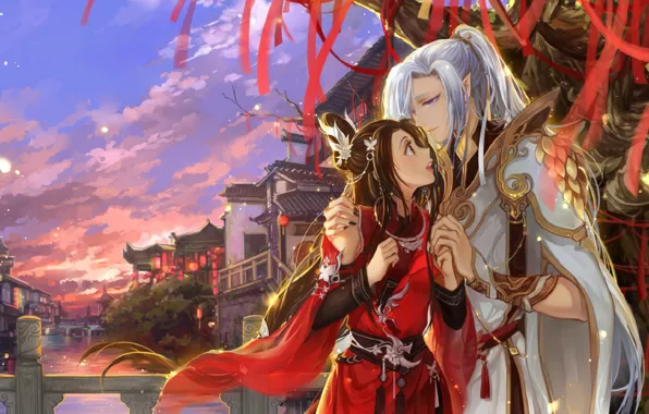 Picture girl, romance, anime, art, guy, two, huazha01
