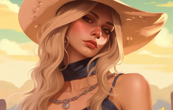 Look, girl, portrait, hat, cowboy, cowboy, AI art, neural network