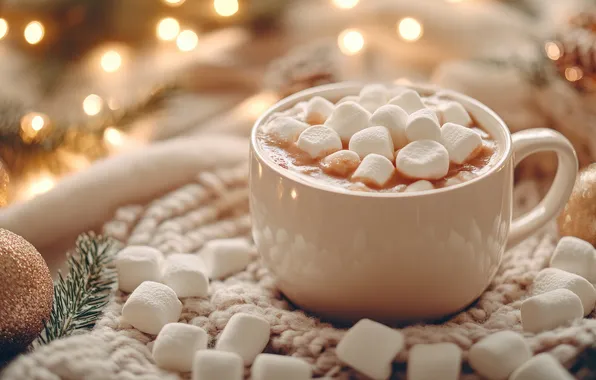 Light, coffee, Christmas, Cup, New year, needles, garland, dessert