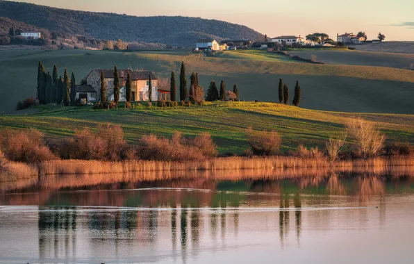 Hills, Italy, house, cypress, Tuscany